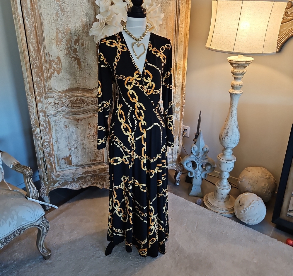 Ashley Stewart Black Maxi Dress with Gold Chain Print